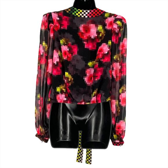 Le Superbe Women Cyber Floral Button Crop Blouse in Black/Multi Size 0 - Picture 4 of 10